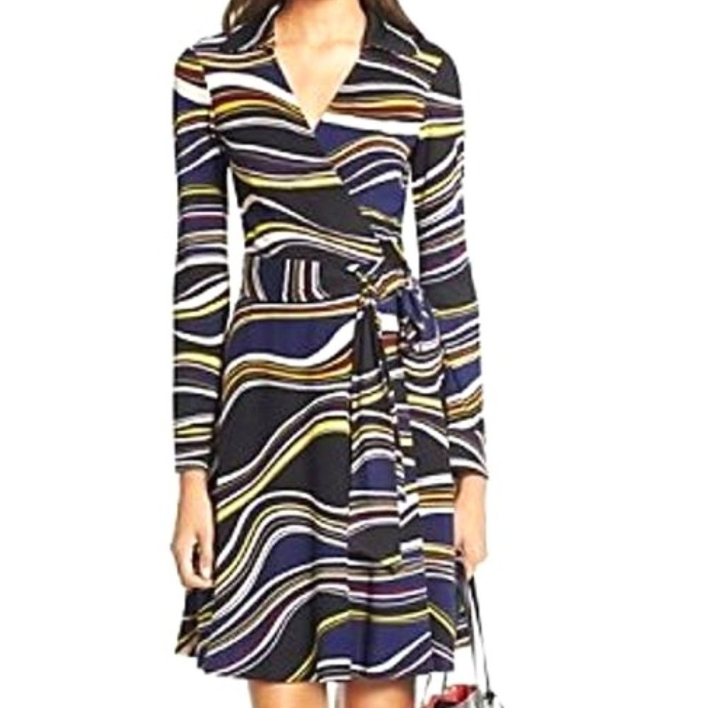 Diane Von Furstenberg Striped Multicolor Wrap Dress 100% Silk